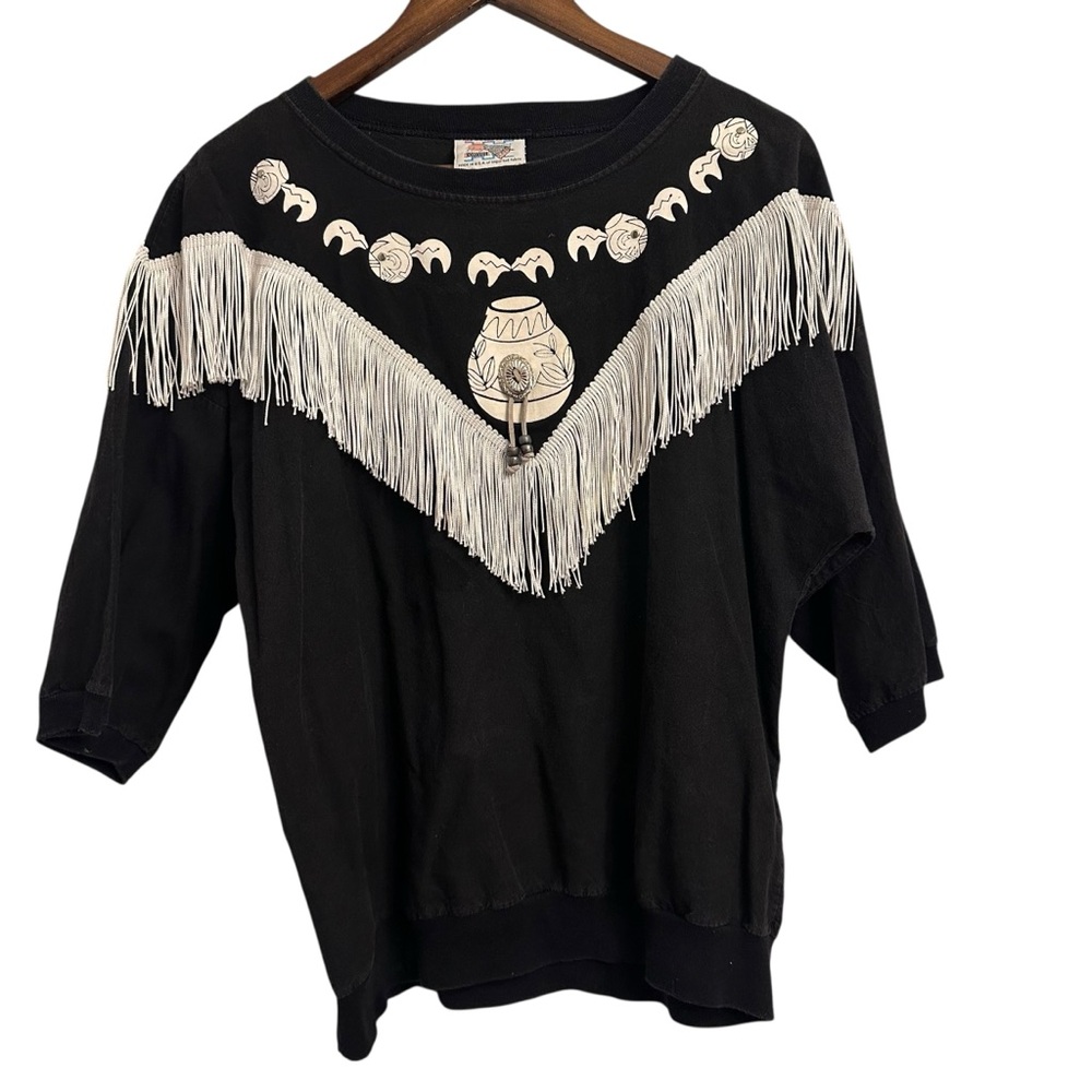 Hazelwood Vintage Fringe Boho Black Western Short Drop Sleeve Shirt  Large